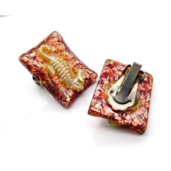 Vintage Sparkling Seahorse Earrings, Coppery Glitter Confetti Lucite with White - Picture 4 of 4